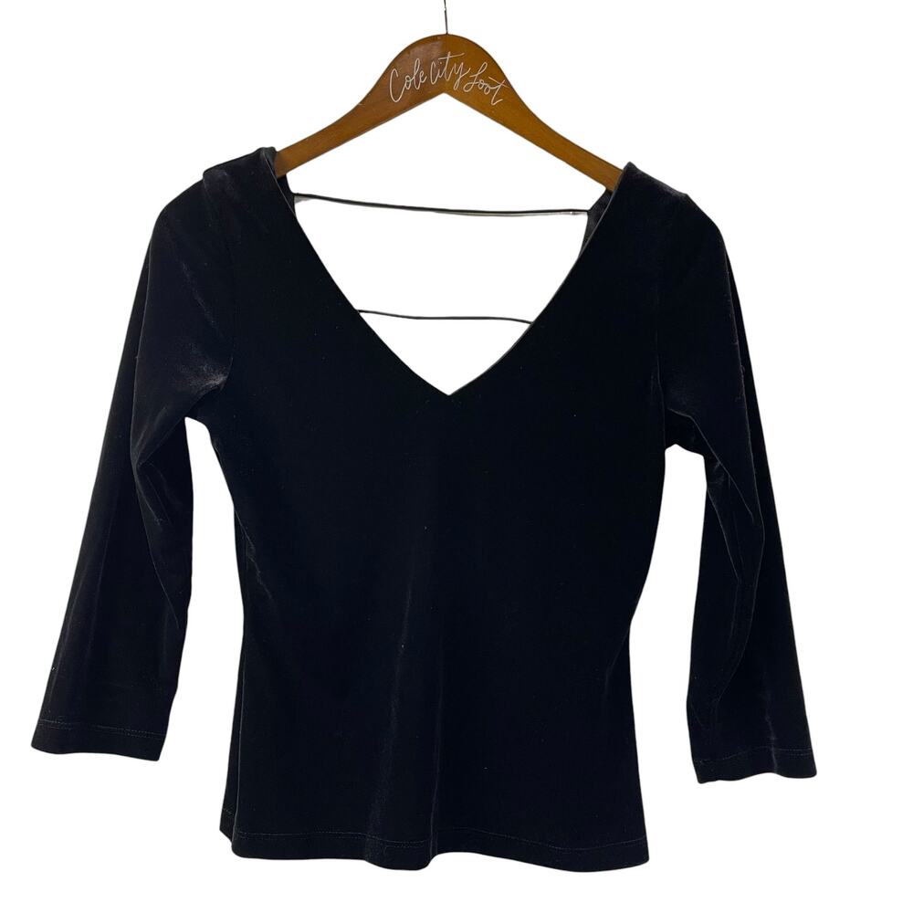 My Michelle Velour Top Open Back Medium Vintage 3/4 Sleeve Fitted Stretchy USA